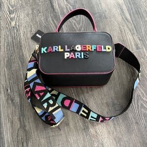 Karl Lagerfeld Paris Black Simone Camera Crossbody Bag Embellished Logo